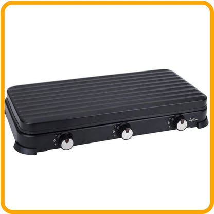 Portable Gas Cooker – 3-Burner with Grill featuring a protective lid, ideal for outdoor cooking and emergencies.