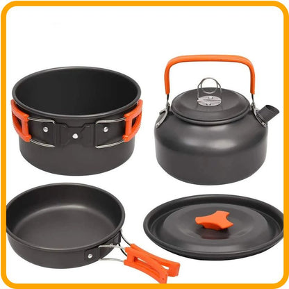 Lightweight Camping Cookware Set featuring a kettle, pan, and pot for efficient outdoor cooking adventures.
