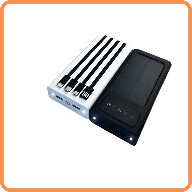 Solar Power Bank with Built-In Cables – Dual USB Output | LED Light | Emergency Solar Charger for iPhone, Xiaomi & More