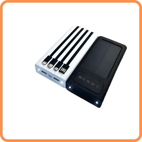 Solar Power Bank with Built-In Cables – Dual USB Output | LED Light | Emergency Solar Charger for iPhone, Xiaomi & More