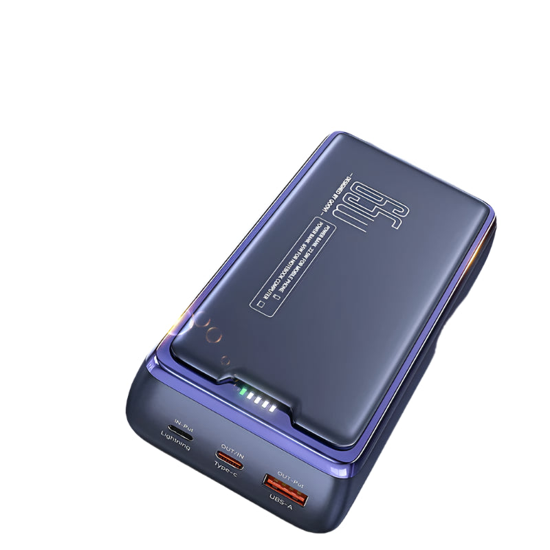 Compact QOOVI 30,000mAh Power Bank – 65W PD Fast Charging | Portable Laptop charger with LED indicator and multi-port.