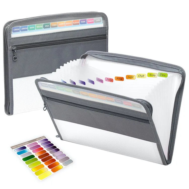 Accordion File Organizer with Safe Zipper, 13 Pocket Expanding File Folder with Front Pencil Pouch for school and office supplies.
