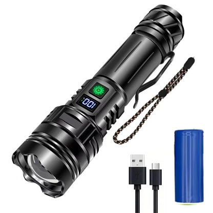 30W Super Bright Zoomable LED Flashlight – 1,000,000 Lumens features USB-C charging and IPX7 waterproof design.