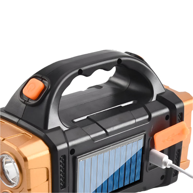 Solar rechargeable LED flashlight with dual charging and power bank function, perfect for camping and emergencies.