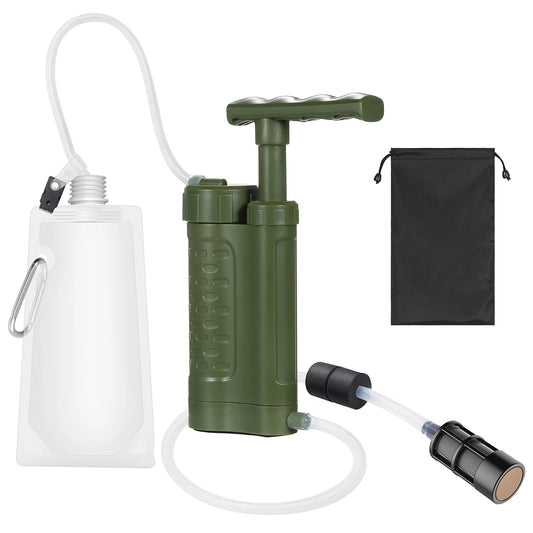 Lightweight Water Purifier Pump and 0.01 Micron Water Filter, essential emergency survival gear for camping and hiking.