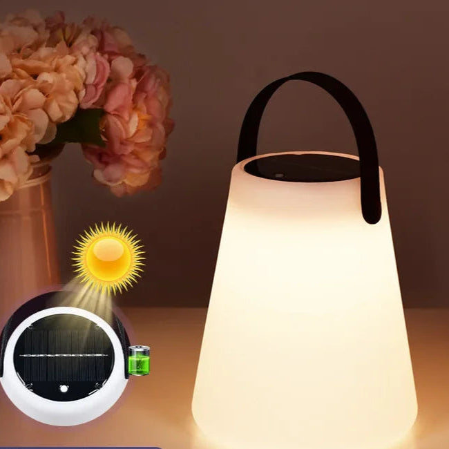 Sleek Solar LED Table Lantern – Portable Outdoor Camping Light | USB Rechargeable, Weatherproof with silicone handle.