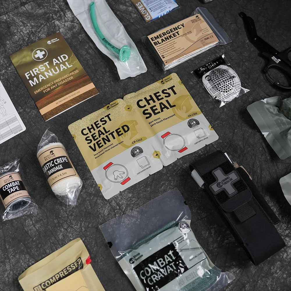 Essential supplies from the Trauma First Aid Kit – Tactical Emergency Medical Pack for critical injury management.